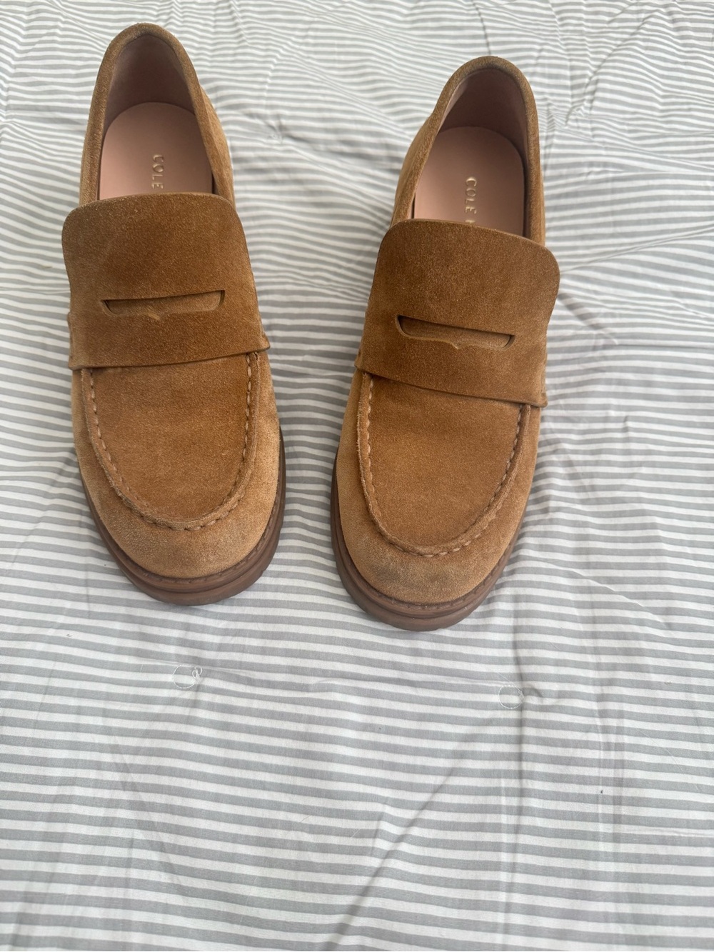 Cole Haan Suede Penny Loafers — Caramel Brown